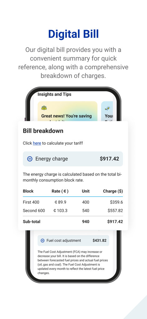 CLP HK - Screenshot der CLP HK App mit einer detaillierten Aufschlüsselung der digitalen Rechnung mit Stromkosten und Verbrauchseinheiten