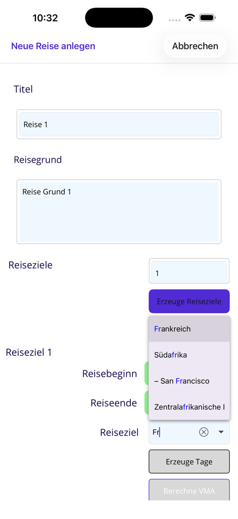 VMA Rechner NE - Interface do usuário do aplicativo VMA Rechner NE para inserir detalhes e destinos de novas viagens de negócios