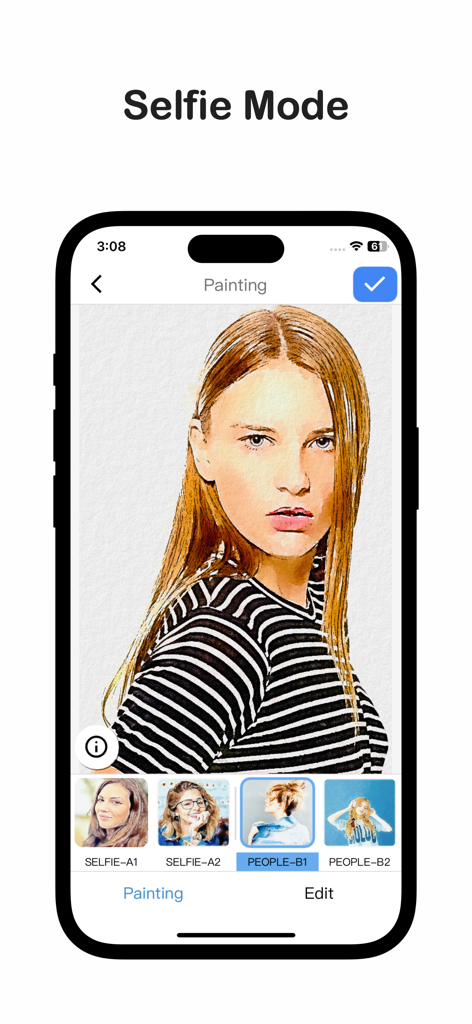 Captura de pantalla de la aplicación Qnipaint que muestra un retrato transformado en una pintura de acuarela usando el filtro Modo Selfie.