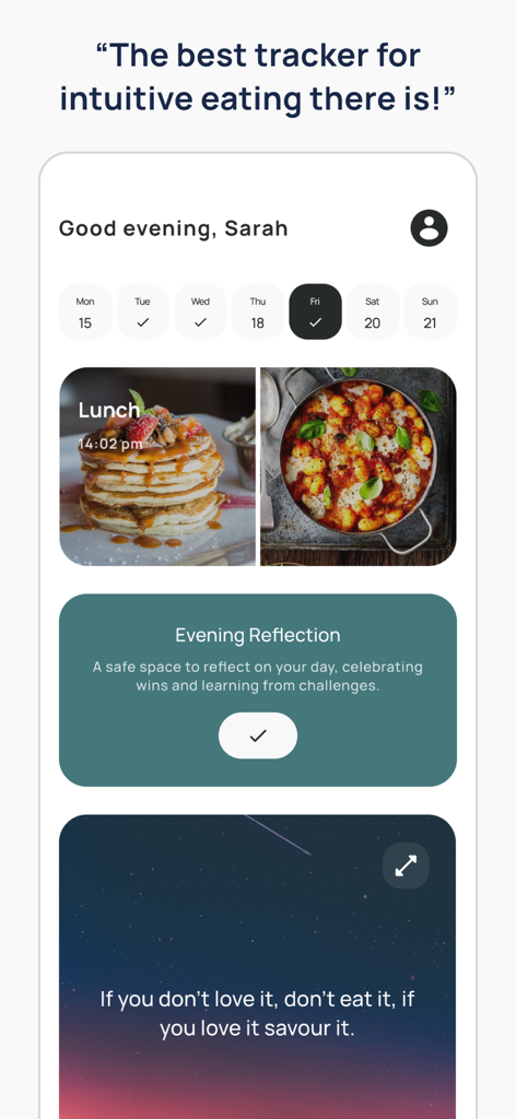 Food Diary & Intuitive Eating - Munch app dashboard with food photos and a reflection section for intuitive eating.