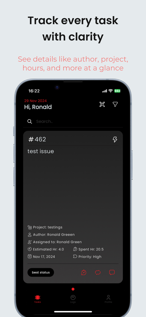 RedLog app task detail screen showing project information and time tracking data.
