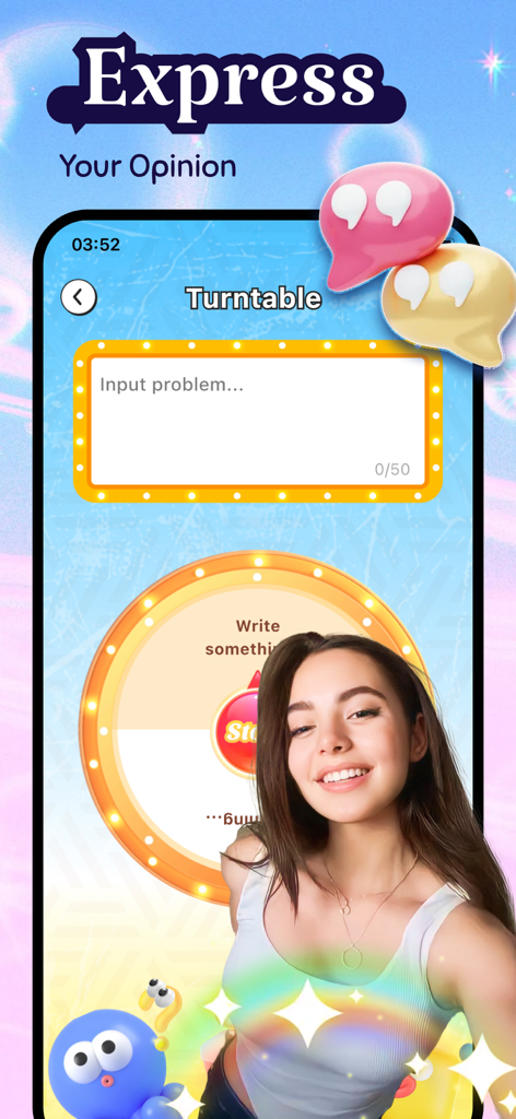 A screenshot of the Noura app showing the Turntable decision wheel feature with a smiling young woman in the foreground.