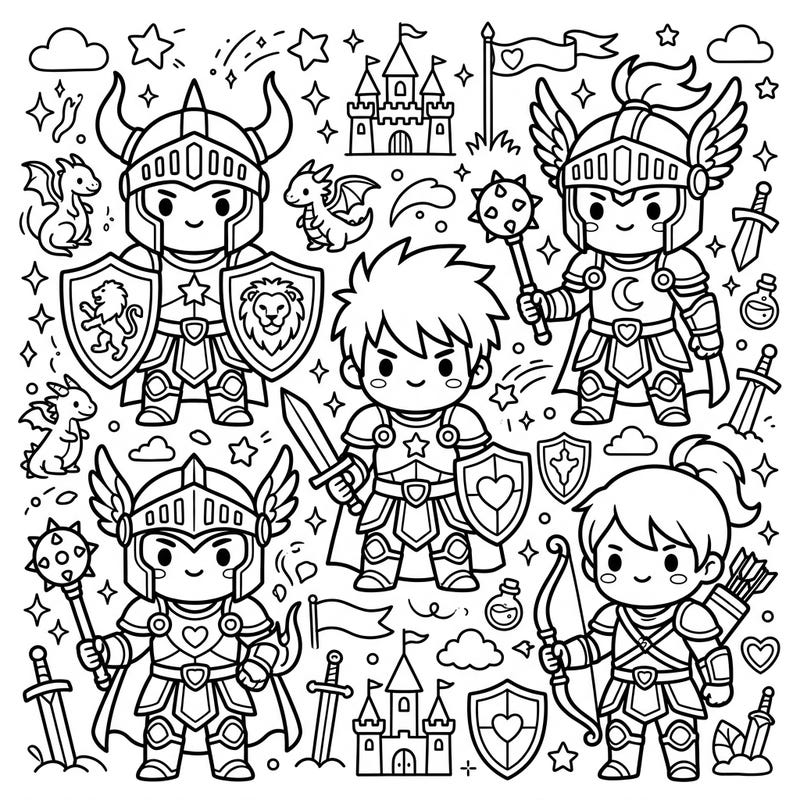 Dive into a charming world of chivalry with our Kawaii Fantasy Knights coloring page, where brave warriors and magical creatures await your artistic touch. This delightful design combines the strength of fantasy knights with an irresistible cute Japanese art style, perfect for imaginative colorists.