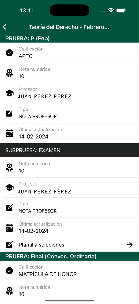Calificaciones - A mobile screen from the Calificaciones app showing detailed university exam grades and professor information for a student