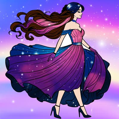 realistic woman in a dress flowing in the wind