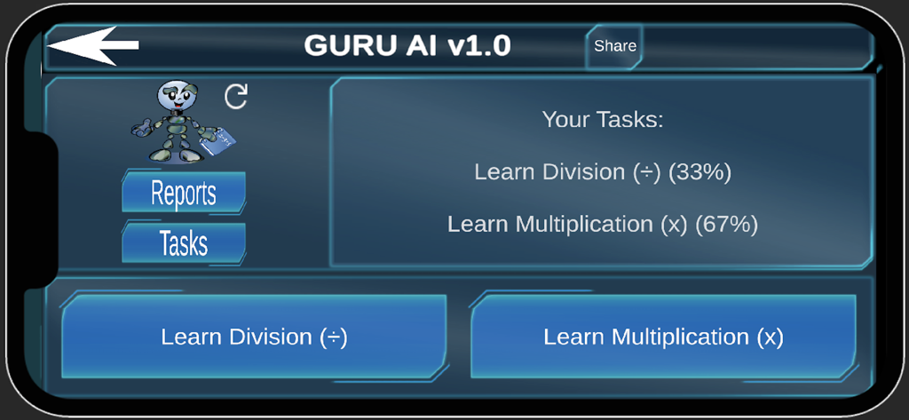 Guru AI dashboard displaying progress for division and multiplication math tasks