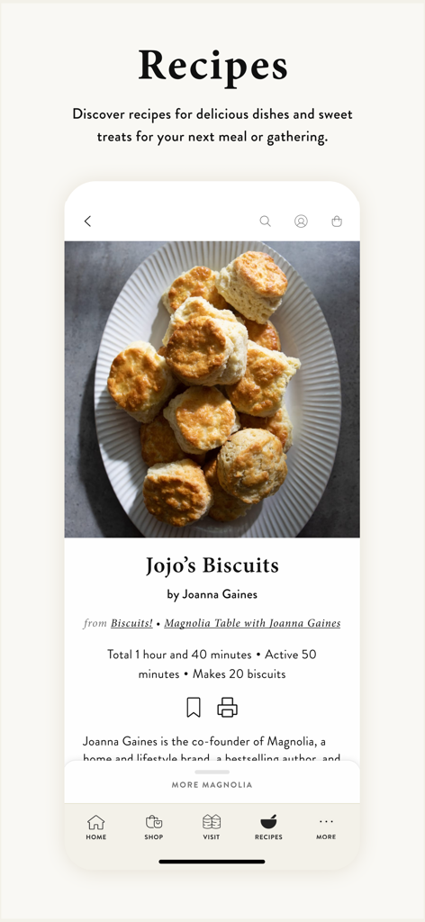 Captura de pantalla de la aplicación Magnolia que muestra la receta Jojo's Biscuits de Joanna Gaines con una foto de galletas doradas.