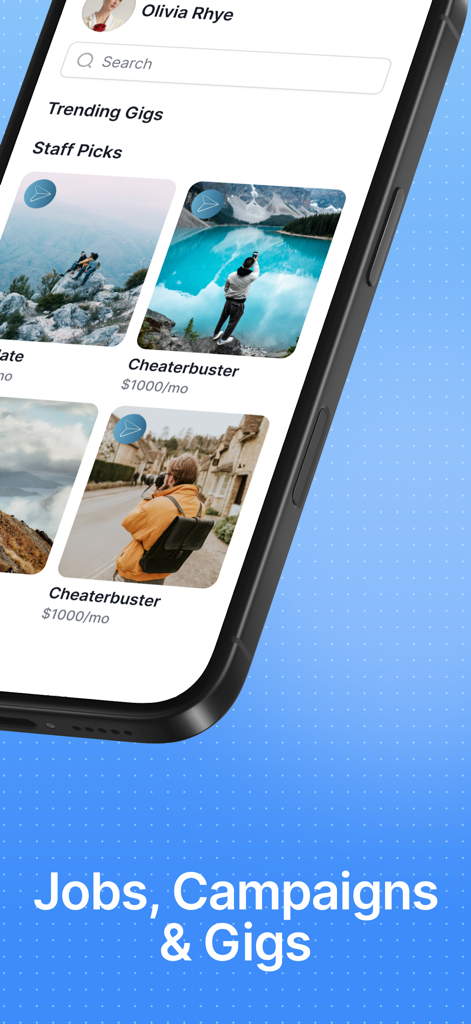 SideShift - Earn Money - SideShift app screen displaying trending creator gigs and content jobs