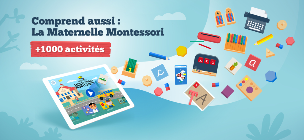 Un iPad que muestra una aplicación preescolar Montessori con íconos educativos como letras y bloques flotando fuera de la pantalla.