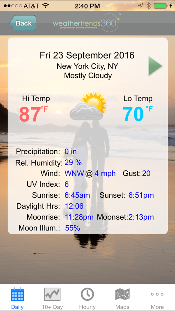 Detailed daily weather forecast for New York City on the wt360 Pro app interface.