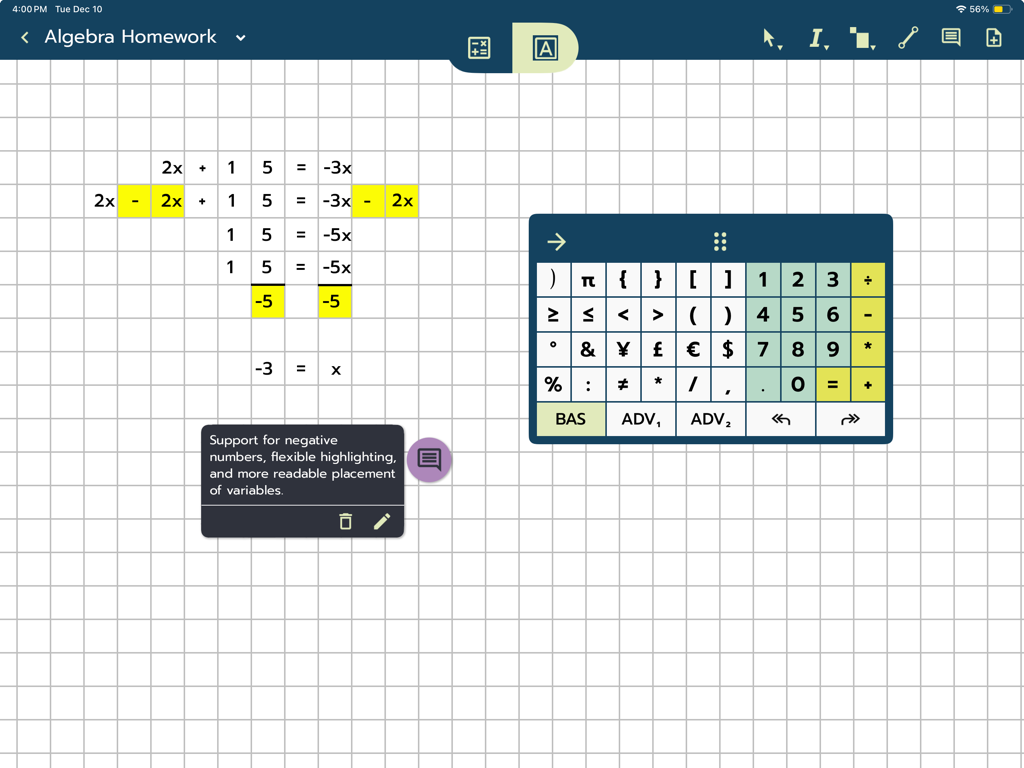 Modmath - Digital graph paper interface of Modmath app showing algebra equations and a math symbols keyboard