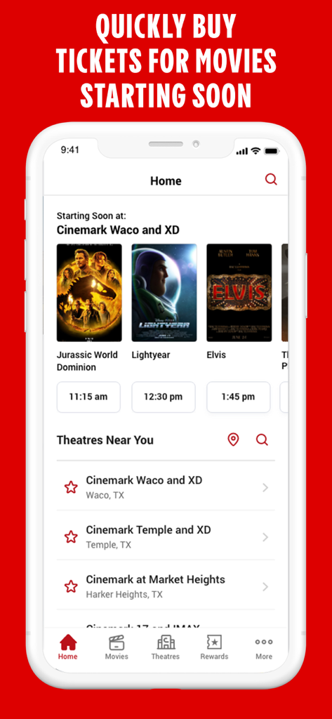 Cinemark Theatres app home screen displaying movie posters, showtimes, and nearby theater locations