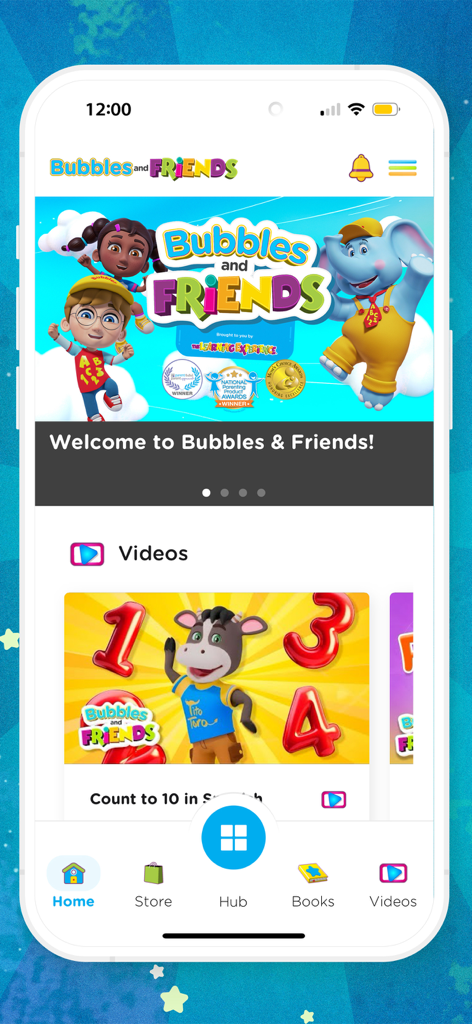 Bubbles & Friends - Home screen of the Bubbles and Friends educational app featuring characters and preschool learning videos.
