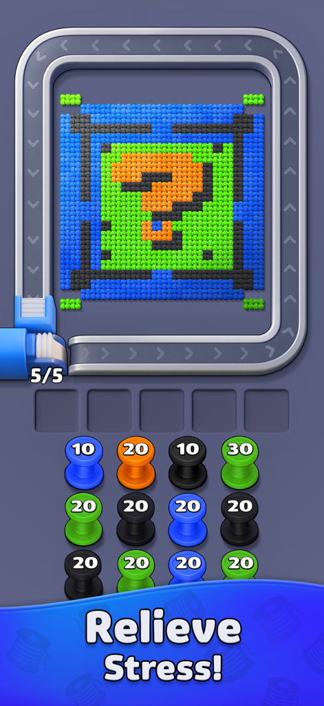Yarn Flow - Yarn Flow mobile puzzle game showing a knitted question mark pattern and numbered bobbins