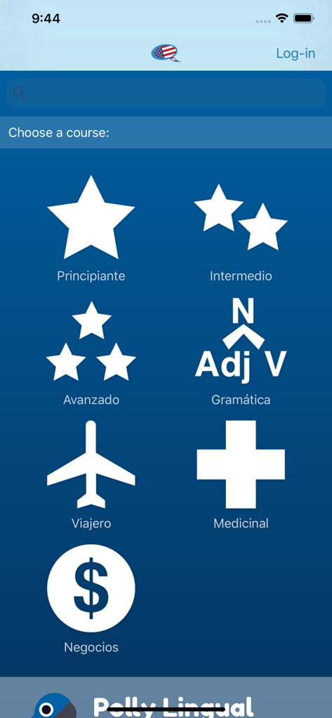 Pantalla de selección de cursos de la aplicación de aprendizaje de inglés que muestra niveles para principiantes y temas especializados como médico y negocios en español