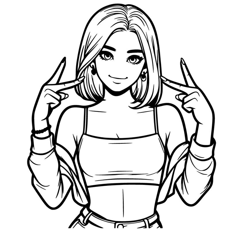 a realistic teen girl with a crop top doing 🤟