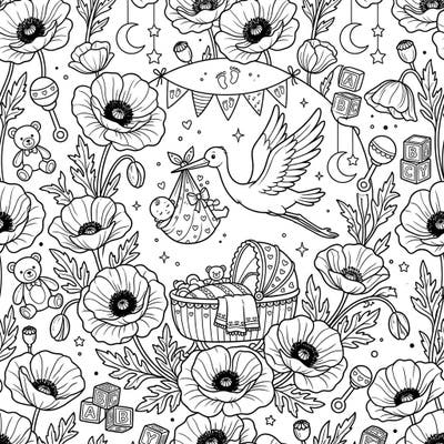 Welcome a new little one with this enchanting White Poppies Baby Shower coloring page. Adorned with delicate florals and charming nursery elements, it's perfect for celebrating new beginnings.