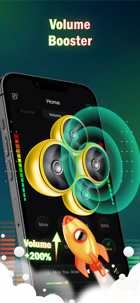 Interface do aplicativo Volume Booster em um smartphone com alto-falantes amarelos e um ícone de foguete indicando um aumento de 200% no volume