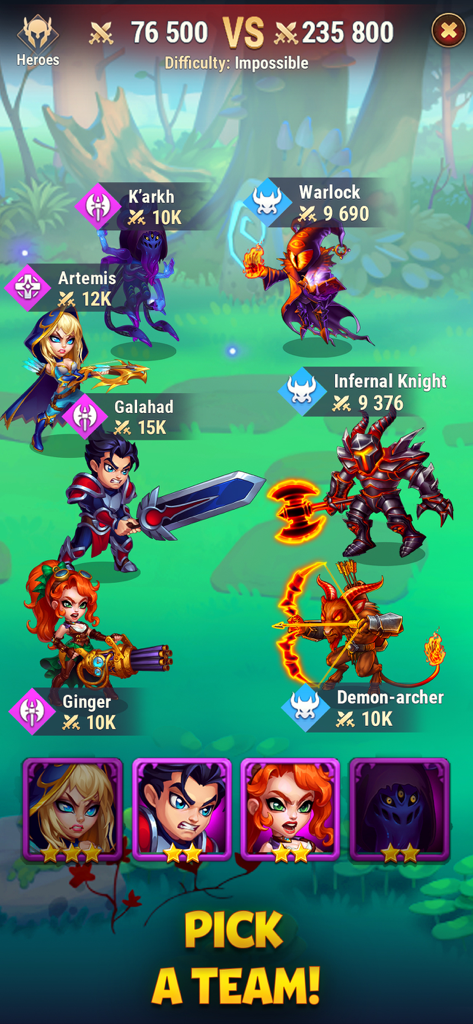 Pantalla de selección estratégica de equipo de héroes para una batalla de alta dificultad en Hero Wars Alliance