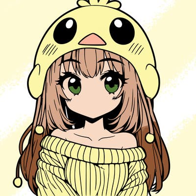 anime girl with chick shaped hat with sweater with bare shoulders with bangs covering them one eye with low tail