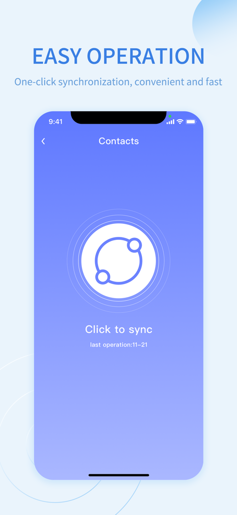A mobile app interface showing a one-click contact synchronization screen with a blue background and a large sync button