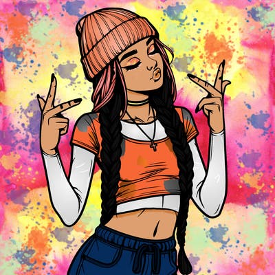 realistic teenage girl with braids and a beanie and crop top doing 🫶🏼