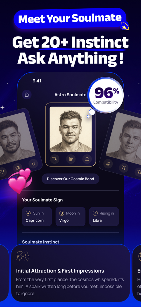 Astro Way - Personal Astrology - Astro Way app screenshot showing a soulmate sketch feature with 96 percent compatibility and zodiac sign details.