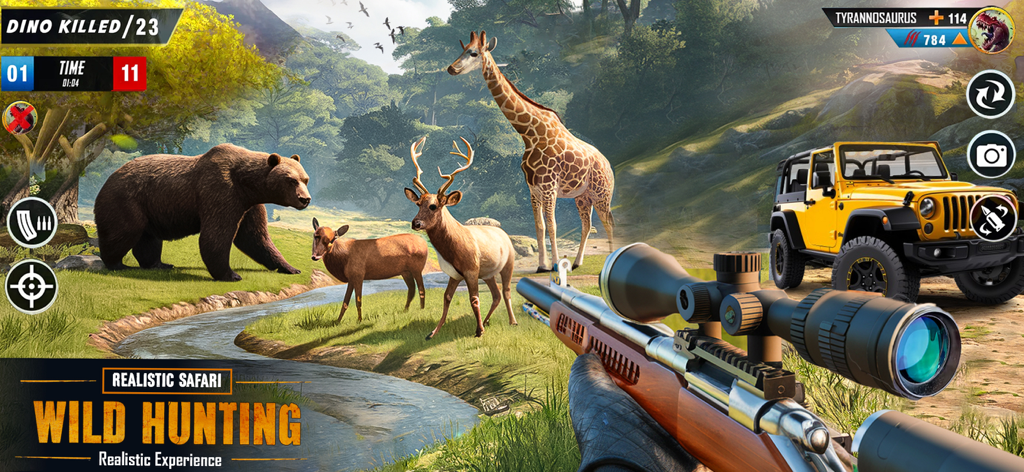 First person sniper view of wild animals and a jeep in a safari hunting game.
