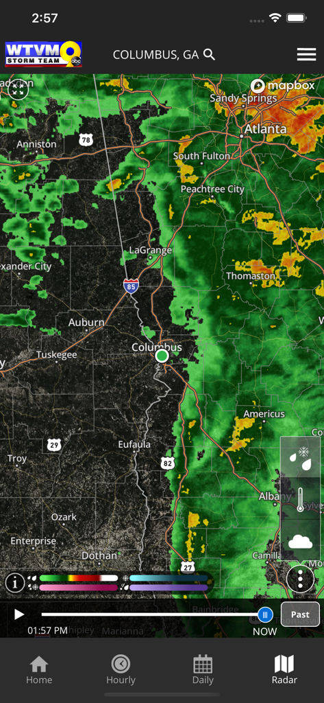 High-resolution weather radar map for Columbus Georgia on the WTVM Storm Team Weather app