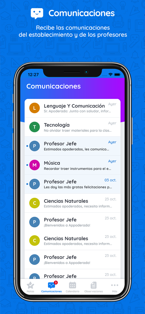 Appoderado - Interface of the Appoderado app showing a list of messages from teachers and school administration for parents.