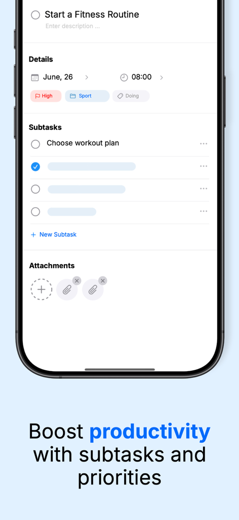 TaskMind: Task Manager - TaskMind app interface showing task details with subtasks and priority tags