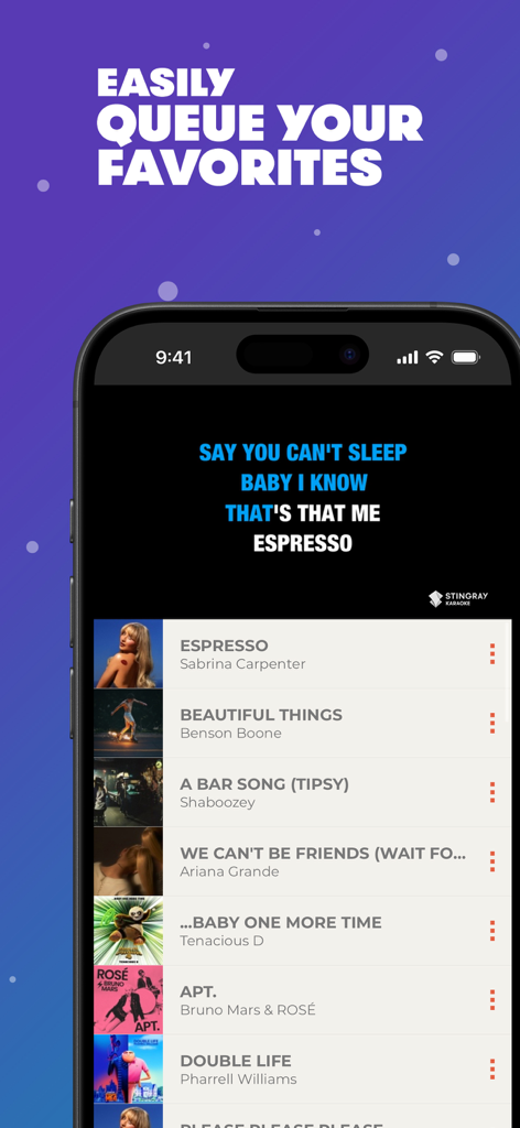 Stingray Karaoke Party - A smartphone screen displaying the song queue and lyrics player for the Stingray Karaoke Party app
