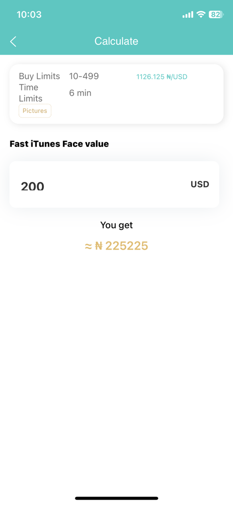 YunCard interface showing iTunes gift card price calculation from USD to Nigerian Naira