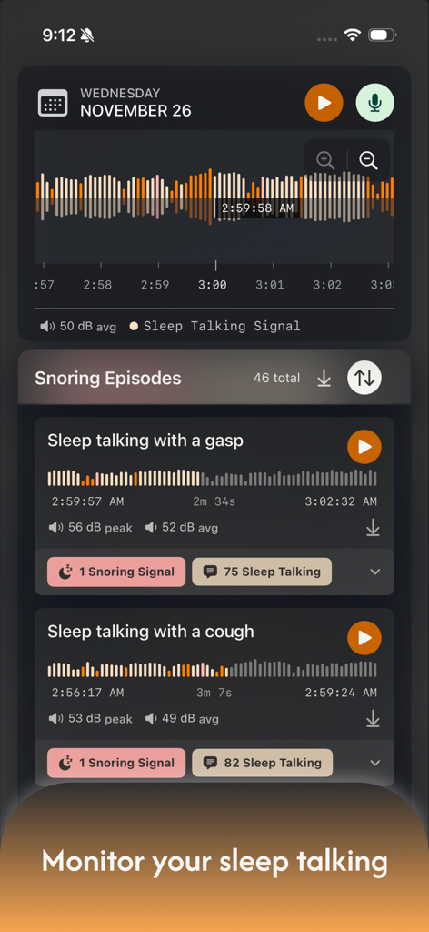 Snore Timeline - Snore Timeline app interface showing recorded sleep talking events with audio waveforms and decibel levels