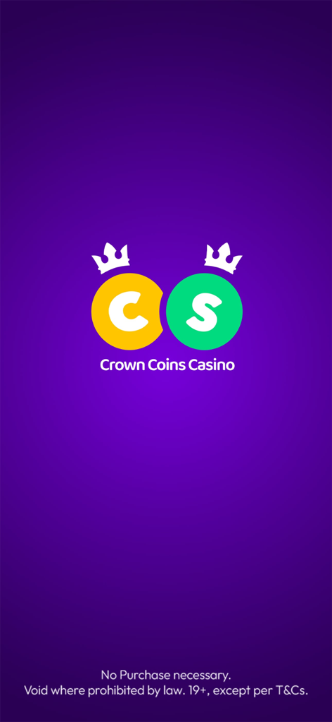 CrownCoins Casino splash screen showing the app logo with white crowns and a purple background