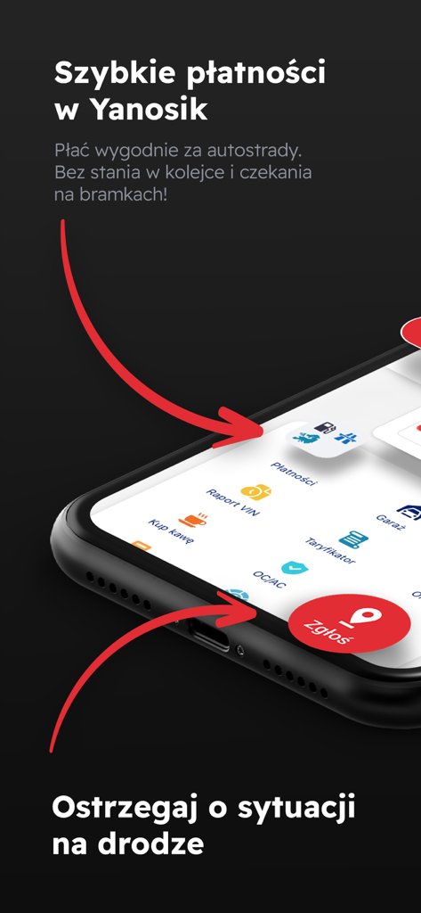 Smartphone screen showing Yanosik app features for highway toll payments and road situation reporting