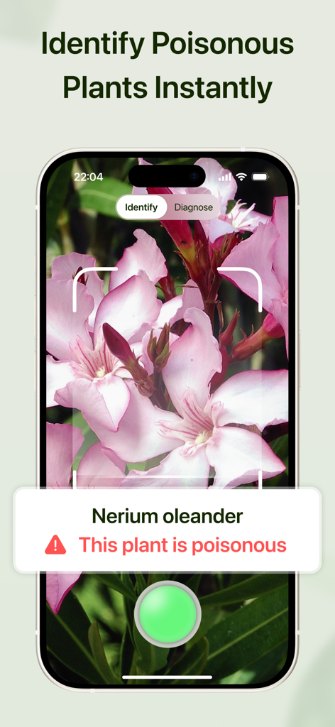 Plant AI - Identify & Care - Interface de l'application Plant AI identifiant une fleur de laurier-rose toxique avec une alerte d'avertissement