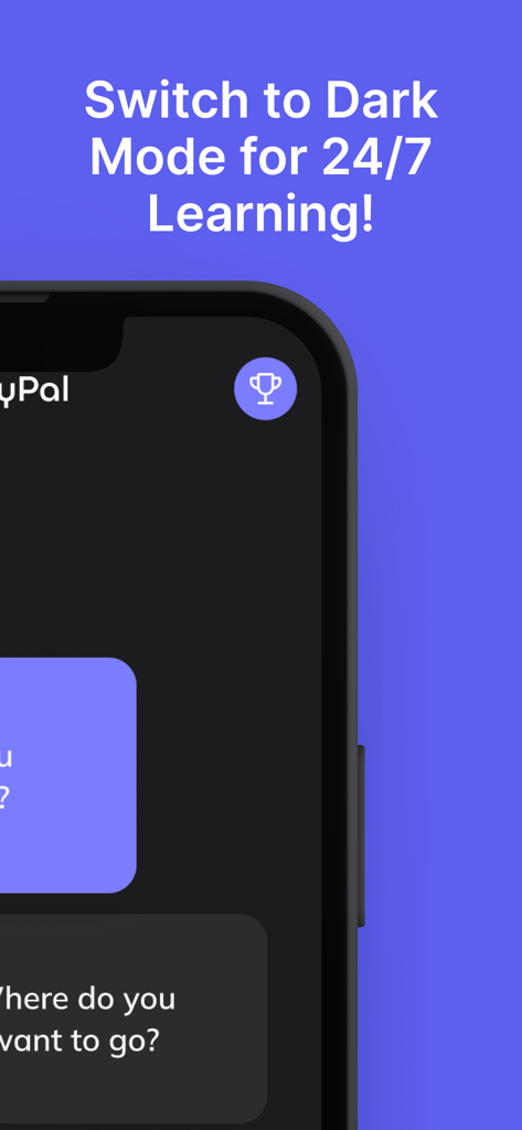 PolyPal English: Speak AI Chat - PolyPal English learning app showing dark mode interface for night time AI chat practice.