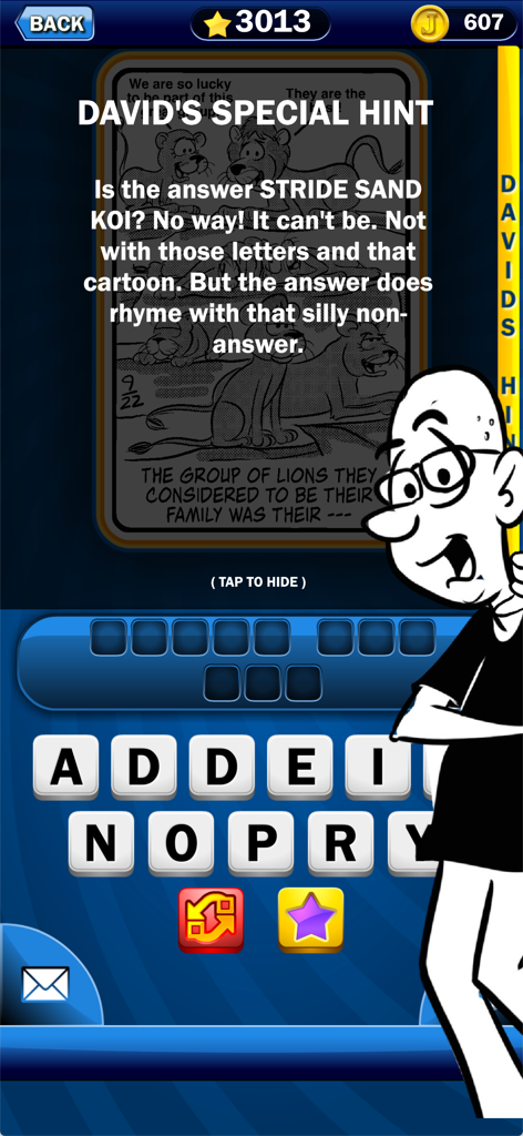Just Jumble app screen showing a special hint from creator David L. Hoyt with a cartoon word puzzle.