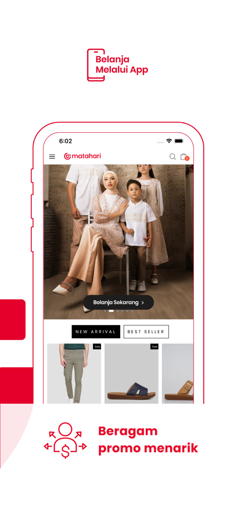 Matahari App - Matahari app home screen displaying Indonesian family fashion and shopping promos