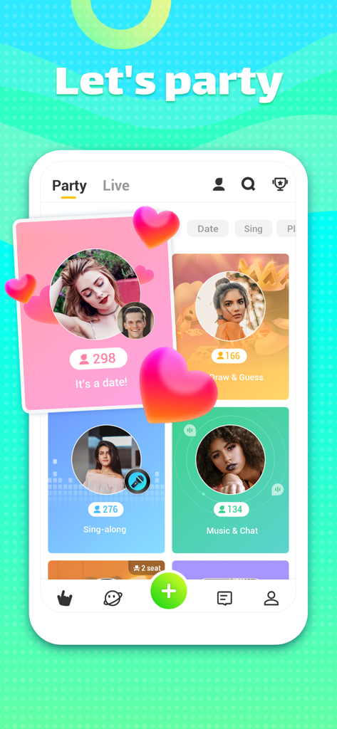 Qwick Live - Enjoy Live&Party - Screenshot of Qwick Live app showing different social rooms for dating, singing, and gaming with active user counts.