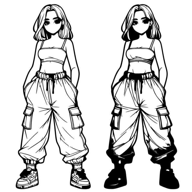 realistic girl with baggy pants and a crop top