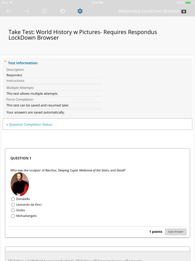 A world history test question displayed within the Respondus LockDown Browser interface on an iPad