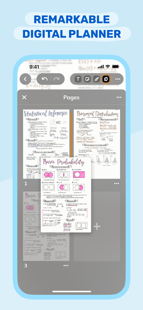 デジタルノートアプリが、手描きの美的学習ノートと図の複数のページを表示しています