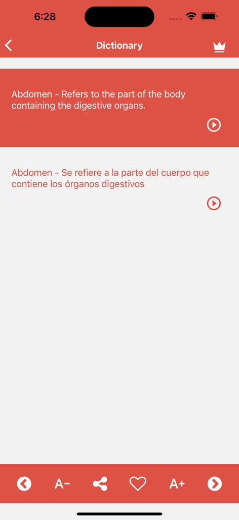 Pantalla del diccionario de términos médicos que muestra las definiciones en inglés y español del término Abdomen