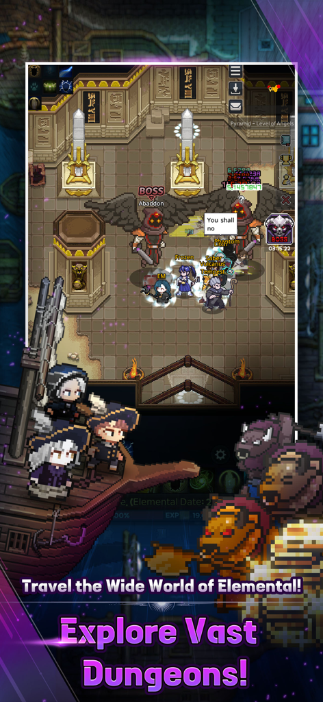 Pixel art characters engaging in a real-time boss fight inside a dungeon