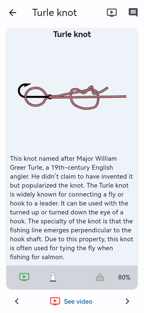 Fishing Knots FishPlanetApps - Diagrama y descripción histórica de un nudo Turle en la aplicación Fishing Knots