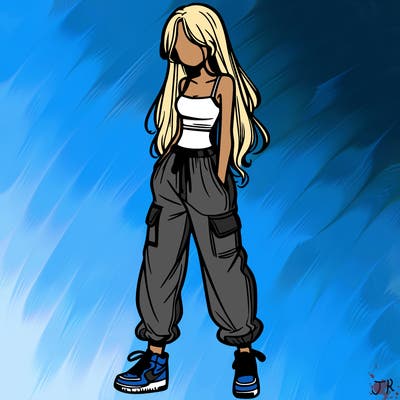 girl in baggy pants crop top and long hair