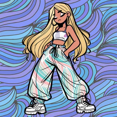 girl in baggy pants crop top and long hair