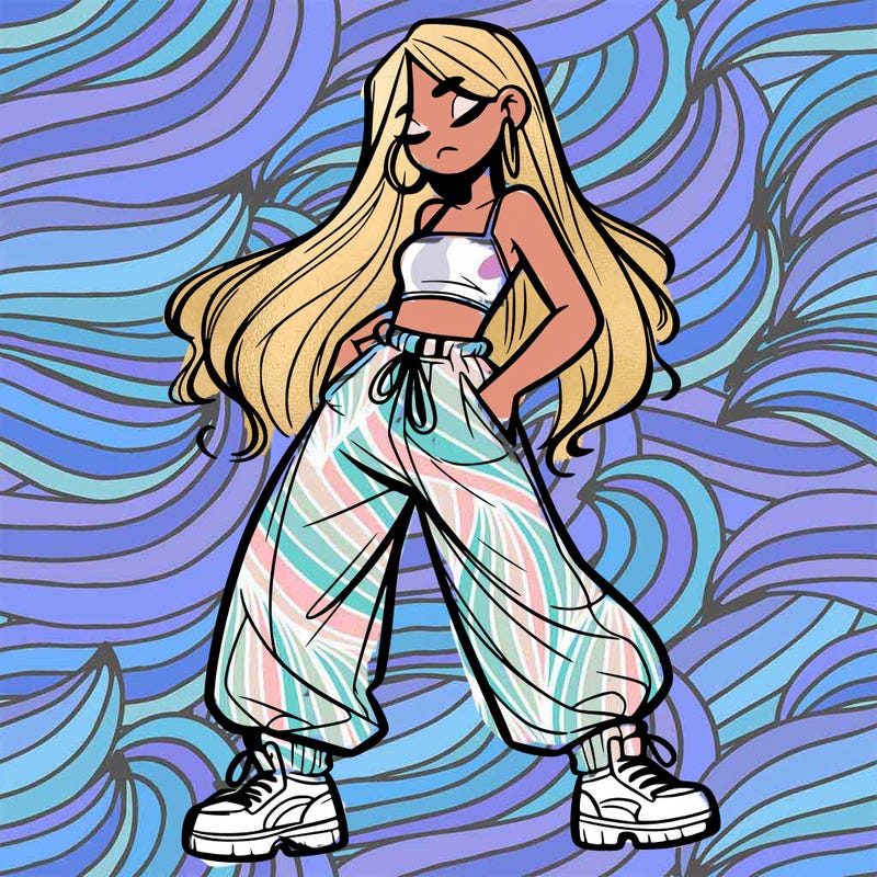 girl in baggy pants crop top and long hair